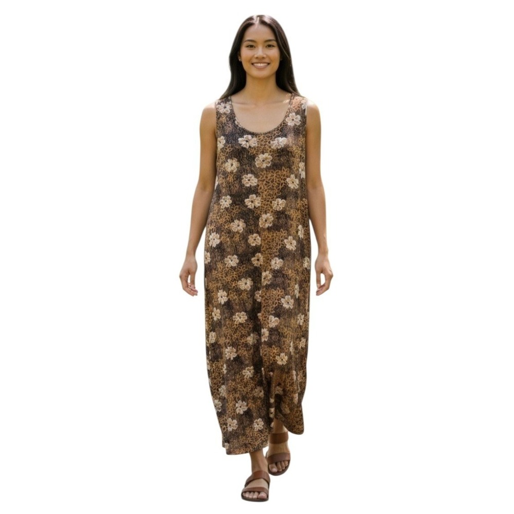 Vintage Warm Brown Floral Sleeveless Maxi Shift Dress Stretch L